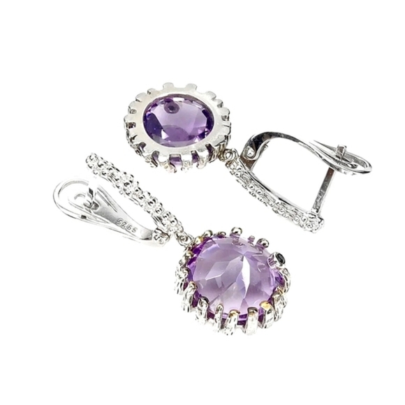 Natural Purple Amethyst 11mm & Black Spinel 925 Sterling Silver Earrings - Picture 4 of 7
